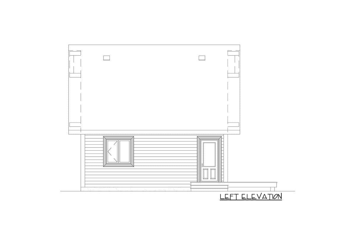 Left elevation house plan with horizontal siding, one window, and a front door with a small porch.