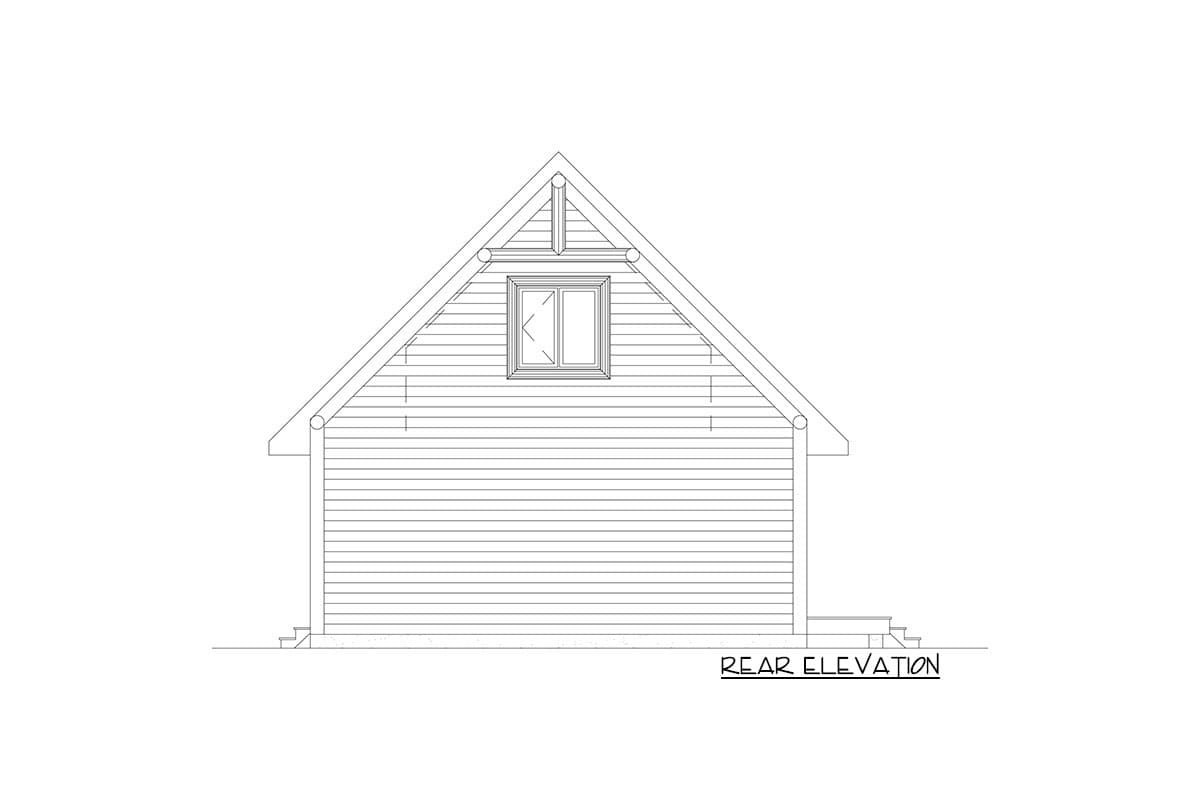 Rear elevation drawing of a house plan with horizontal siding, a gable roof, and a single dormer window.