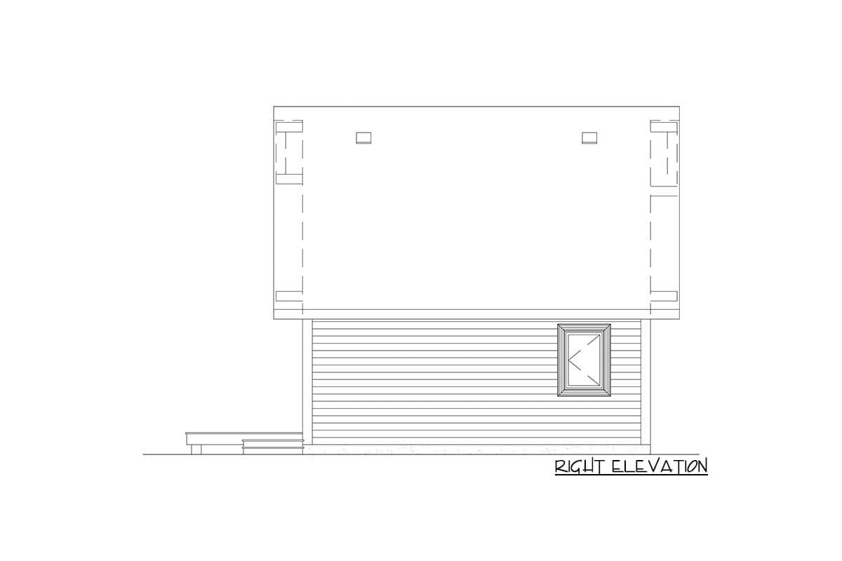 Right elevation drawing of a house plan showing siding, a window, and a small porch.