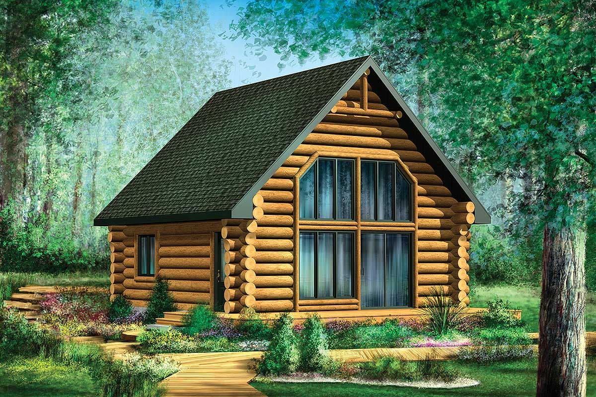 Log cabin house plan exterior with a steeply pitched roof, large multi-pane window, and a single story.