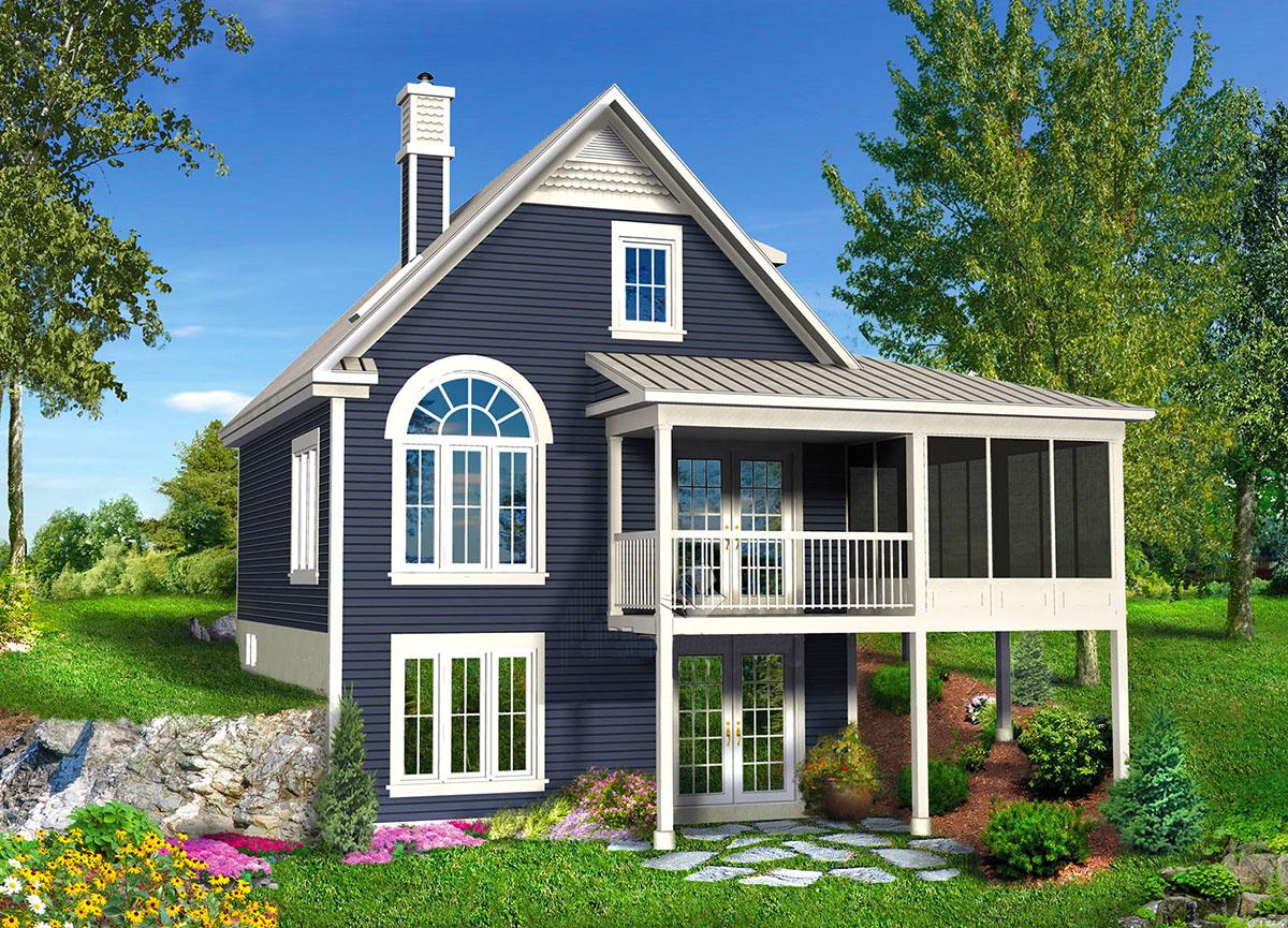 House plan exterior: Two-story dark blue home with arched window, screened porch, white railings, and gable dormer.