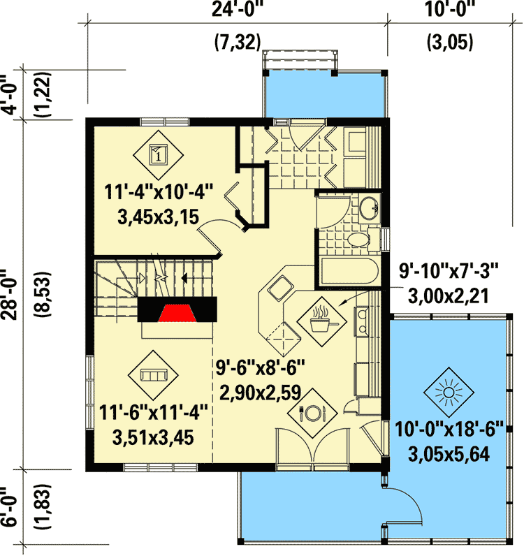 Plan 80646PM: Vacation Escape with Sunroom - Floor Plan - Main Level - Cabin, Cottage, Country, Vacation