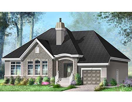House plan exterior: Single-story home with stone accents, arched windows, covered entryway, and attached garage.