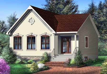 House plan exterior of a one-story home with a gabled front, arched windows, and a covered porch with double doors.