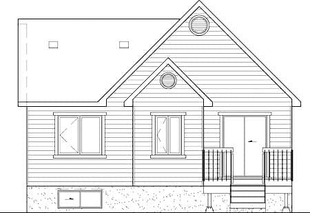 House plan exterior drawing: Single-story home with a gable roof, two windows, and a sliding glass door with a small porch.