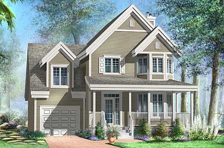 House plan exterior: Two-story home with gabled dormers, full-width front porch, bay window, and attached garage.