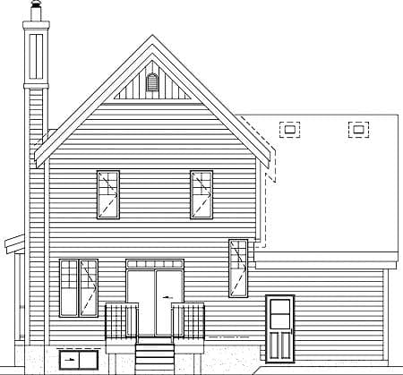 Architectural drawing of a two-story house exterior with a prominent chimney, gabled roof, and a central entrance with stairs.