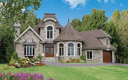 House plan exterior: stone construction, steeply pitched roofs, dormers, turret, and attached garage.