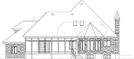 House plan side elevation drawing showing stone exterior, multiple gables, dormers, large windows, and a prominent chimney.