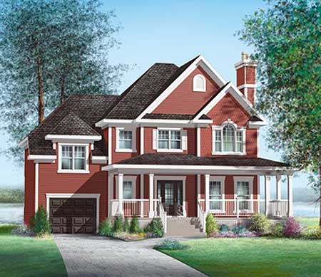 House plan exterior: two-story red home with a wrap-around porch, gables, dormers, and an attached garage.