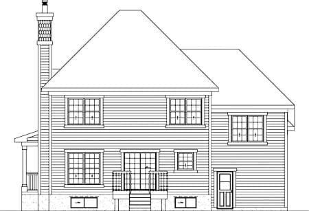 House plan exterior: Two-story home with a prominent chimney, multiple gables, and a rear deck.