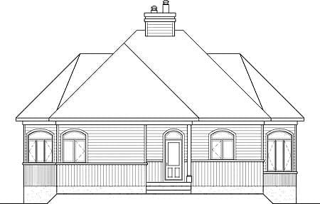 House plan exterior drawing showing a single-story home with a prominent gable, a covered porch, and arched windows.