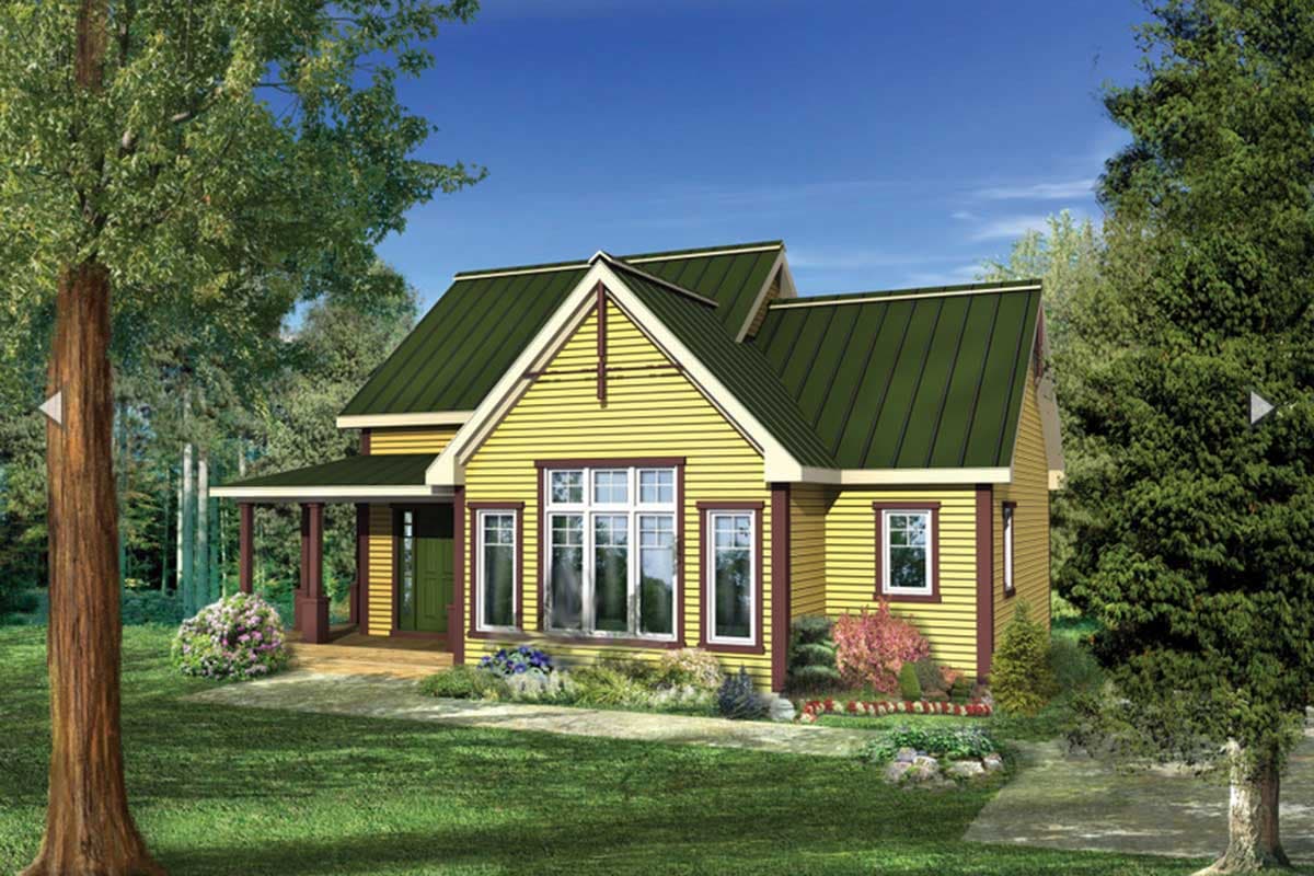 House plan exterior: two-story yellow house with green metal roof, prominent gables, and covered front porch.