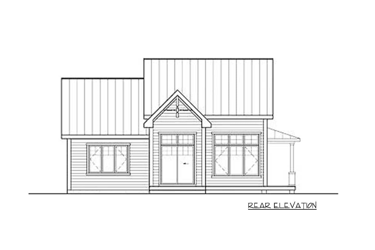 Rear elevation drawing of a two-story house plan with a gabled entrance, porch, and multiple windows.