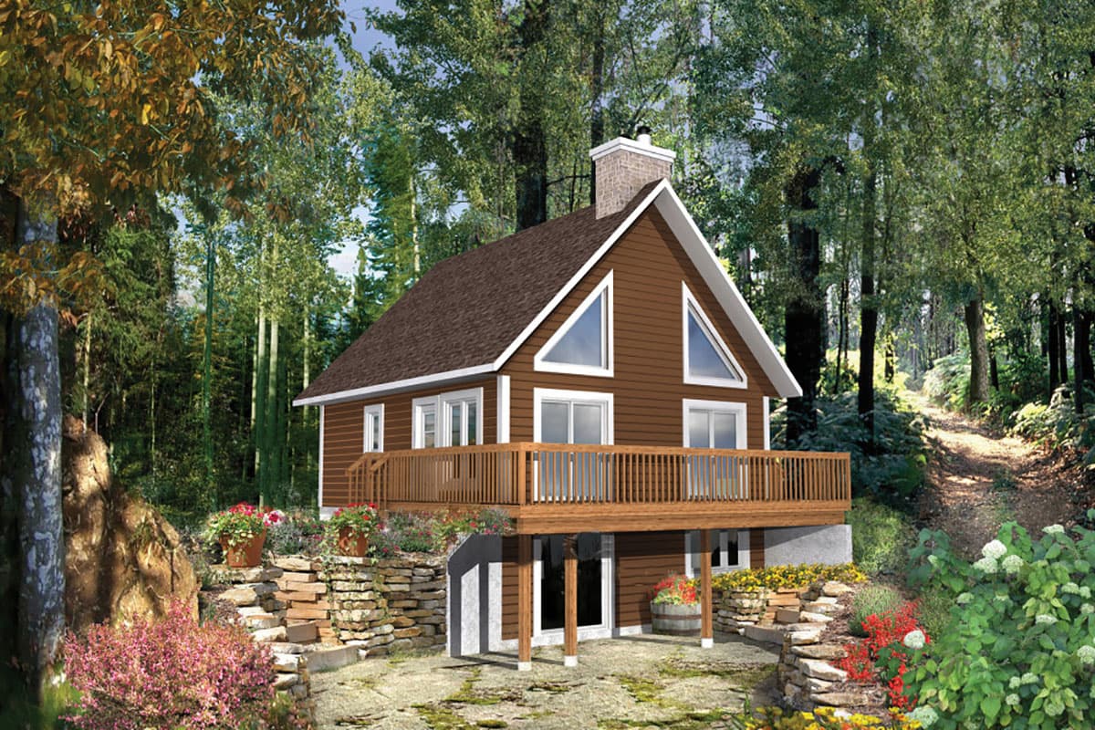 House plan exterior: Two-story cabin with wood siding, a large wraparound deck, and triangular gables with windows.