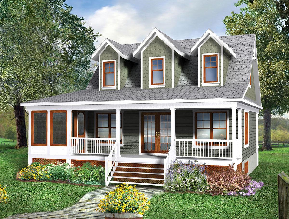 House plan exterior: Two-story home with front porch, three gables on the upper level, and a gambrel roof.