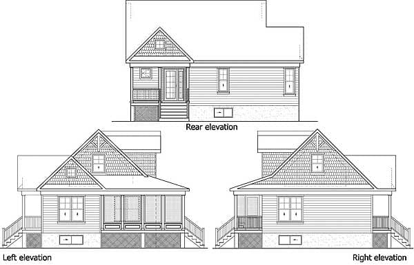 House plan elevations showing rear, left, and right views with gables, dormers, and covered porches.