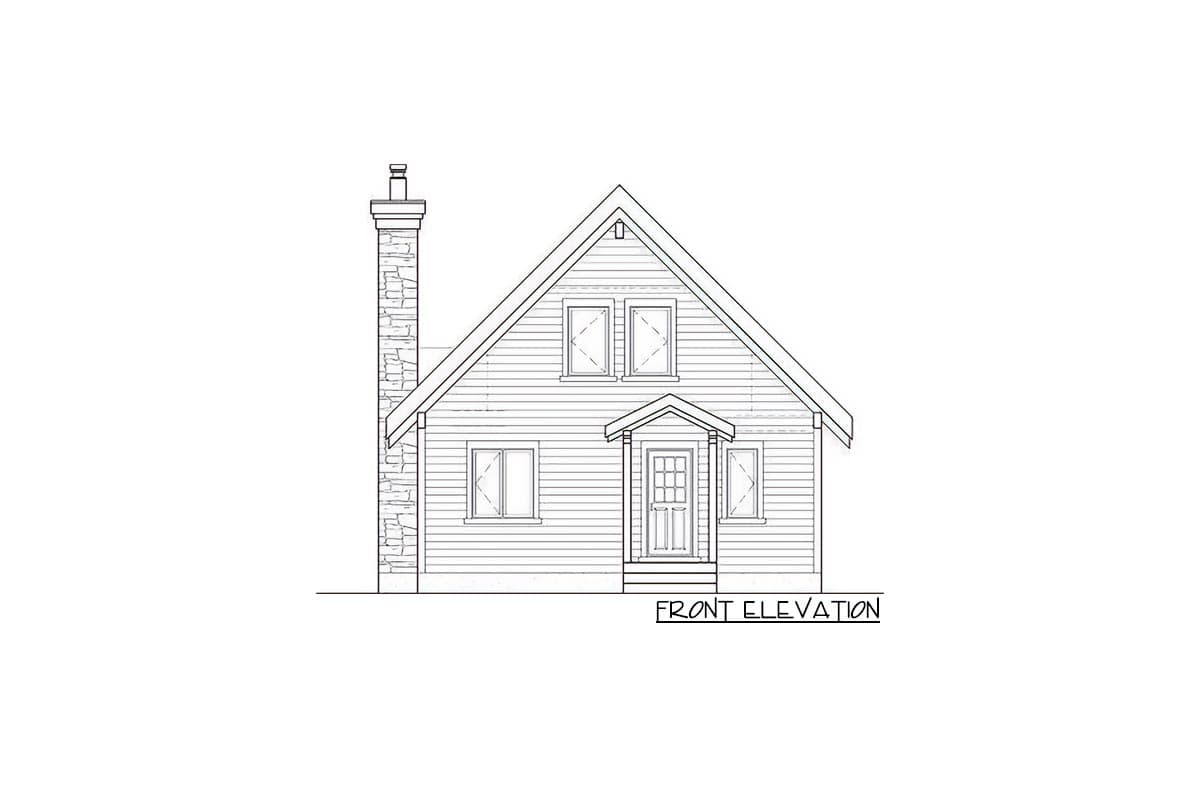 Front elevation drawing of a two-story house plan with a stone chimney, gabled roof, and covered entry.