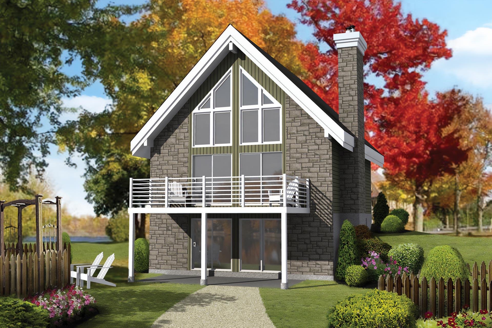 House plan exterior with stone siding, a pitched roof, large upper gable windows, and a second-story deck.