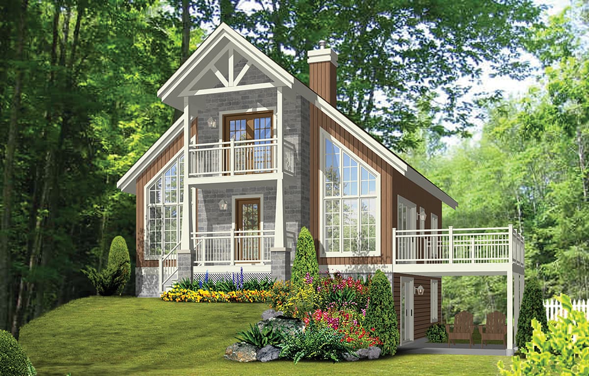 House plan exterior: Two-story home with A-frame gables, stone accents, and multiple balconies.