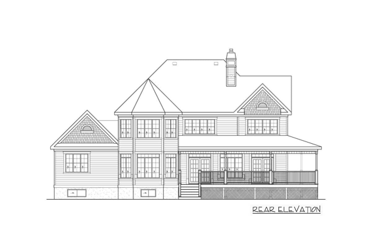 Rear elevation drawing of a two-story house plan with a wide covered porch, multiple gables, and a prominent turret.