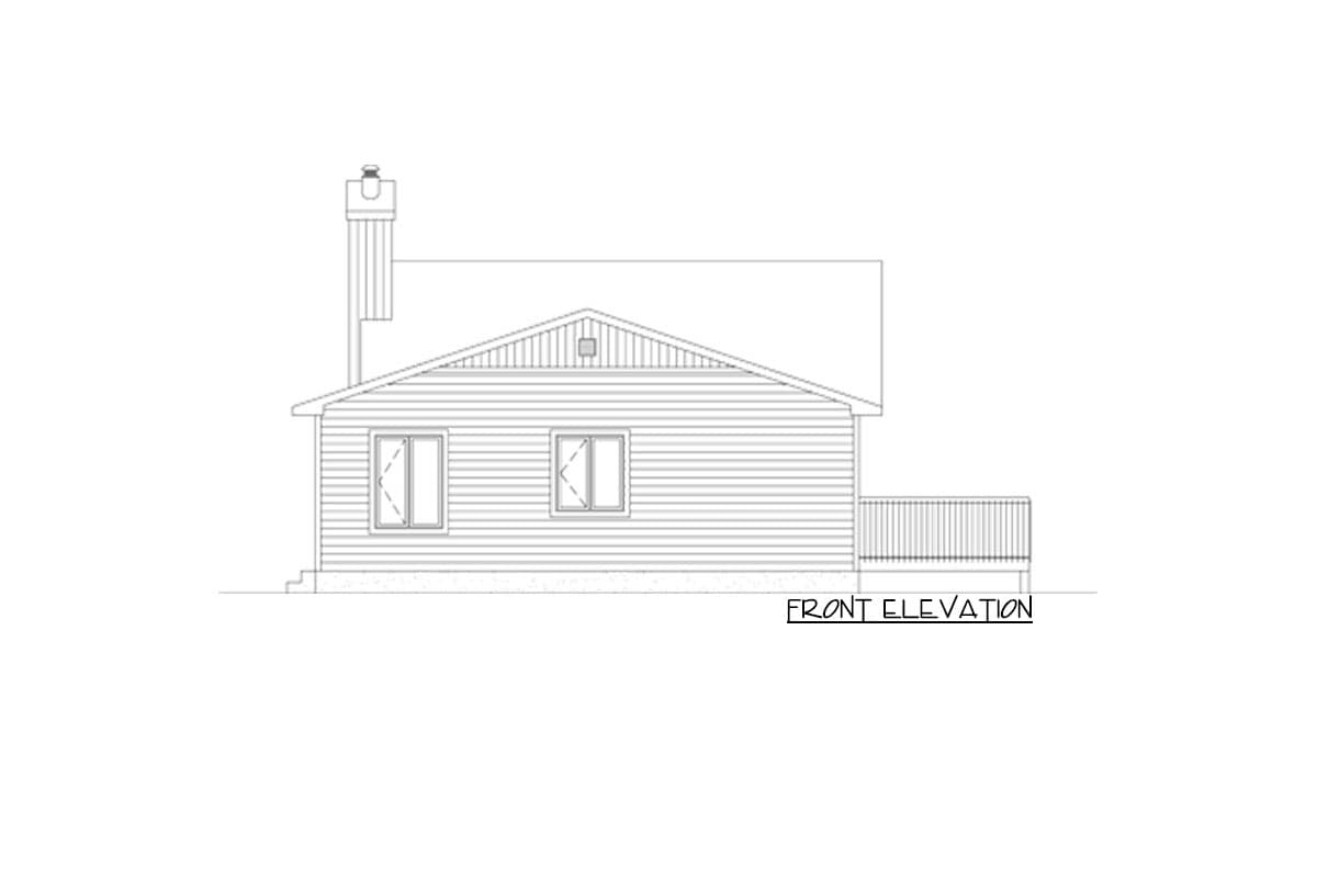 Front elevation drawing of a one-story house with a gabled roof, two windows, a chimney, and a deck.