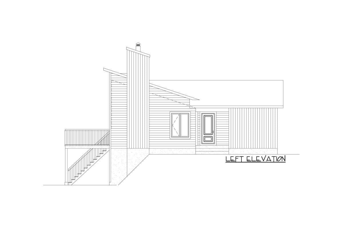 Left elevation drawing of a house with a prominent sloped roof, large chimney, deck with stairs, and a single door with a window.