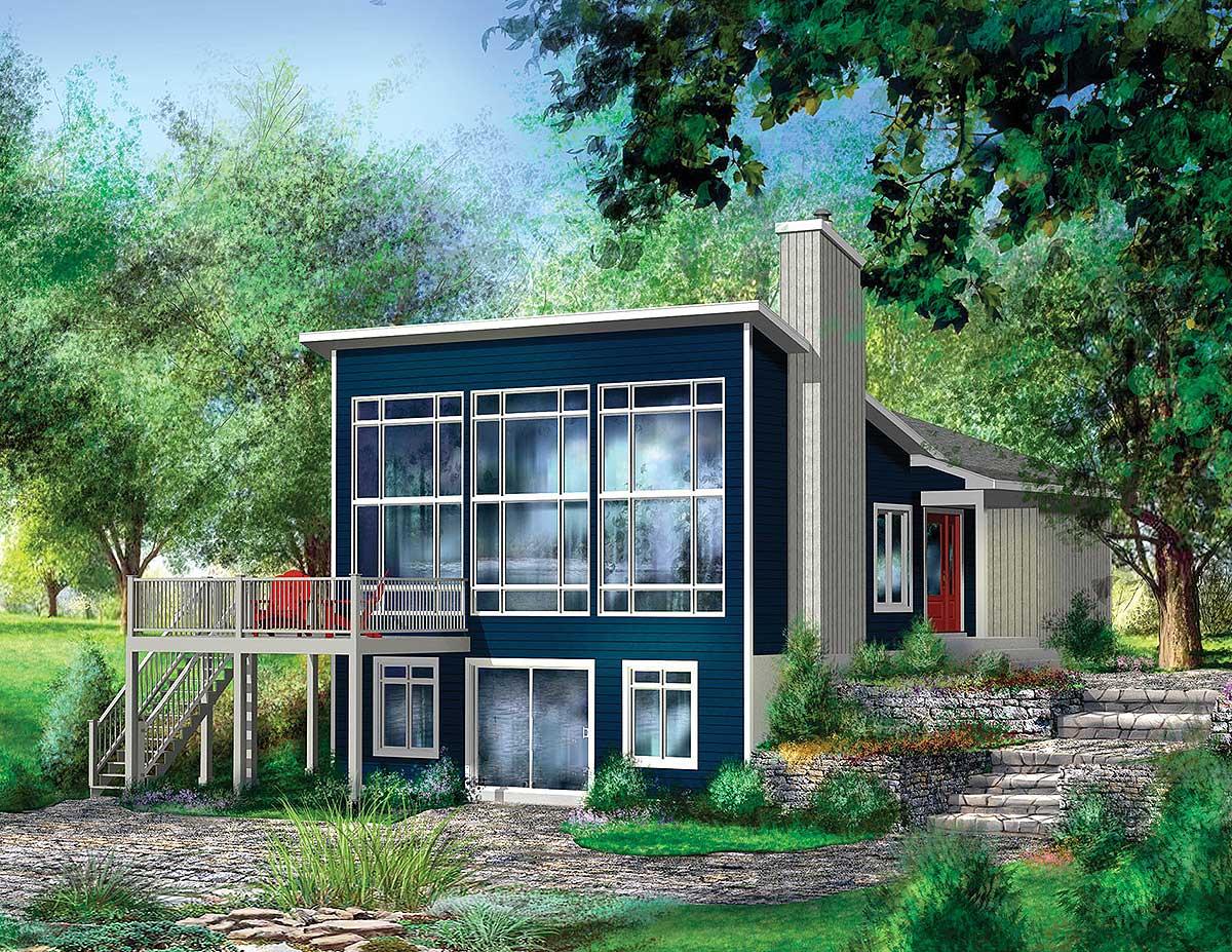 Modern house plan exterior with expansive windows, deck, and stone stairway.