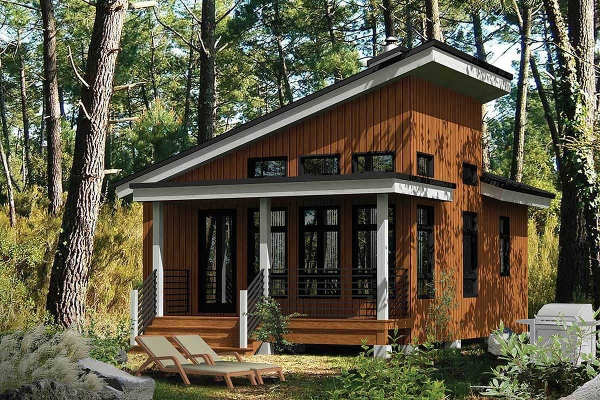 Modern two-story house plan exterior with angled rooflines, wood siding, covered porch, and ample windows.