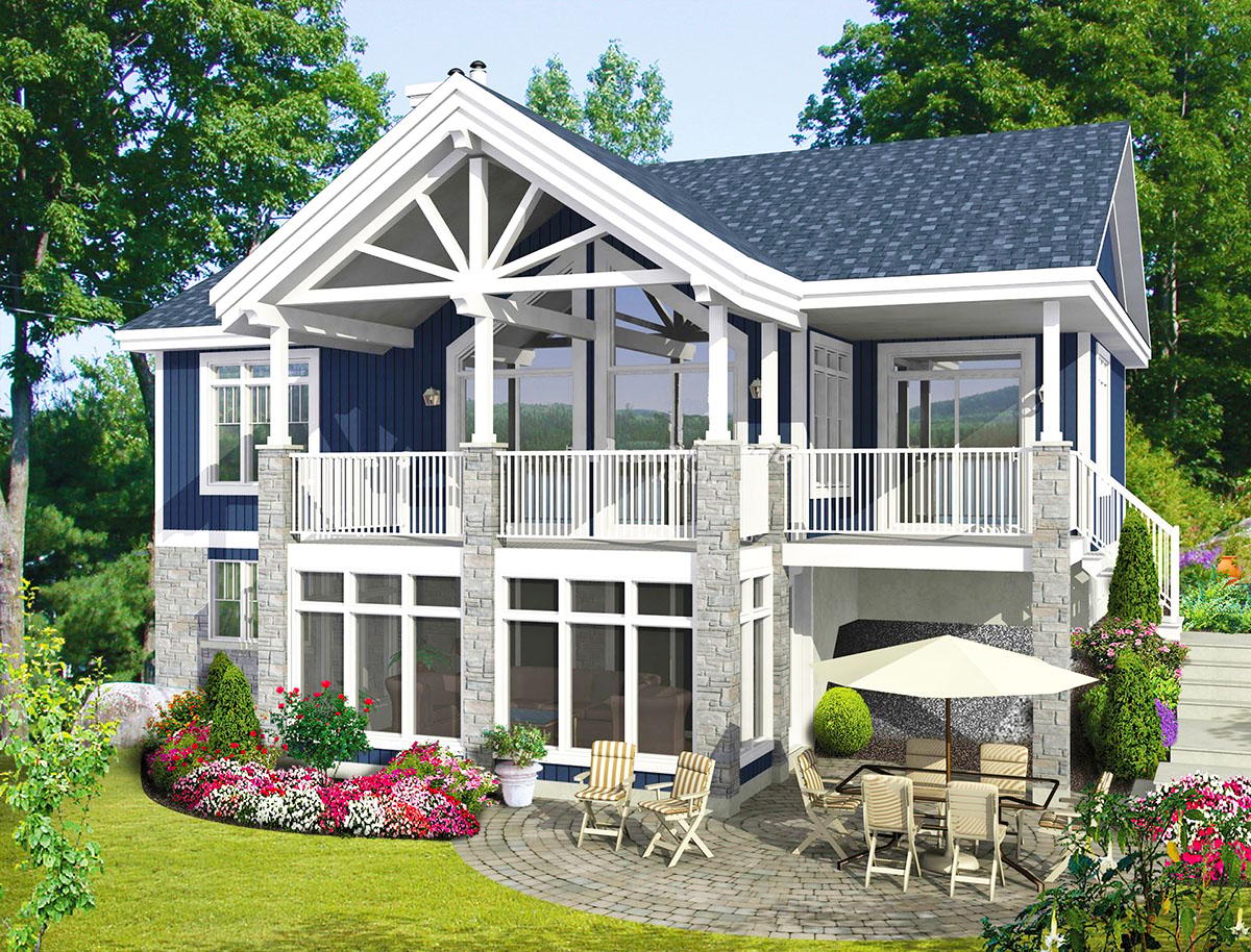 House plan exterior of a two-story home with a prominent gable, covered balcony, and stone accents.