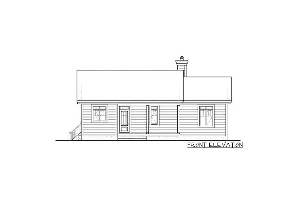 Front elevation drawing of a one-story house with a covered front porch, central entry, and prominent chimney.