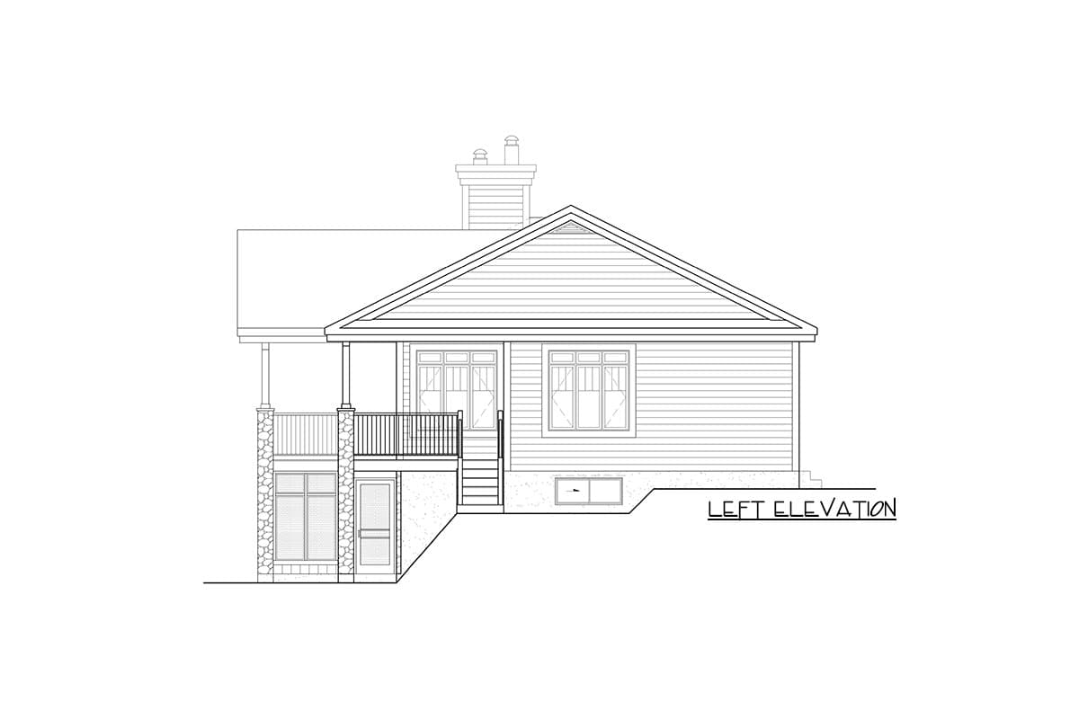 Left elevation house plan shows a single-story home with a gable roof, a covered porch, and stone accents.