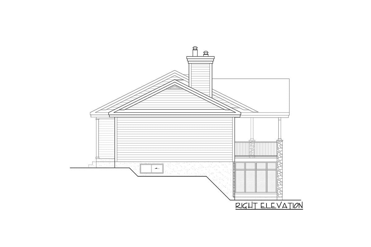 Right elevation of a house plan showing a gable roof, large chimney, covered porch with stone supports, and a walk-out basement.