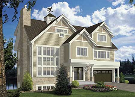 House plan exterior, two-story Modern Farmhouse with gables, dormers, stone chimney, and attached garage.