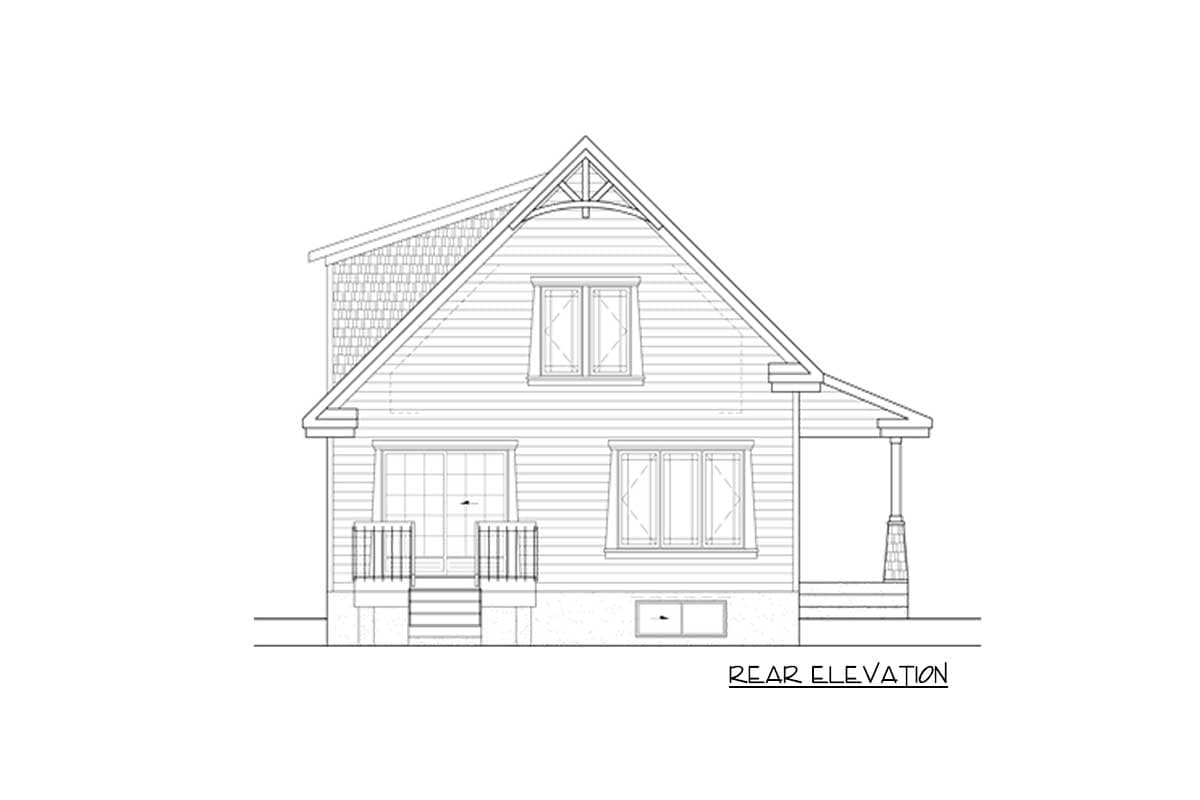Rear elevation drawing of a two-story house plan with a prominent gable, dormer window, and covered porch.
