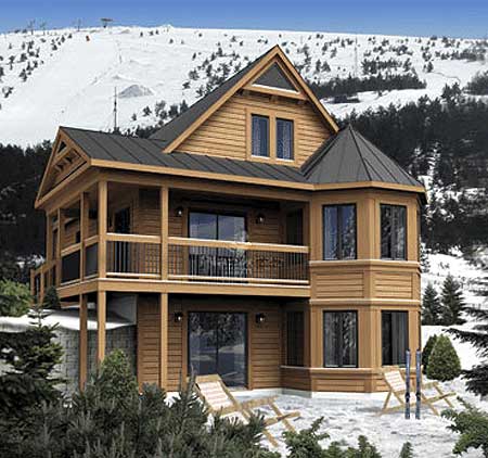 House plan exterior: Two-story wooden house with covered balcony, prominent gables, and a turreted bay window, set against a snowy mountain backdrop.