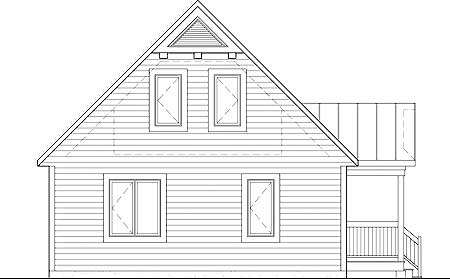 House plan exterior drawing with a gable roof, two stories, two upper dormer windows, and a front porch with railing.