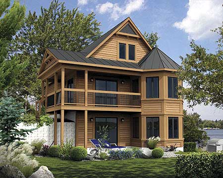 House plan exterior: two-story wood siding home with wrap-around deck, gabled roof, and bay window.