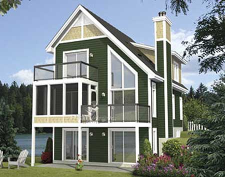 House plan exterior featuring a green, two-story structure with a screened porch, balconies, and large triangular windows.