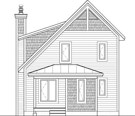 House plan exterior drawing of a two-story house with a prominent gabled roof, varied siding, and a covered front porch.