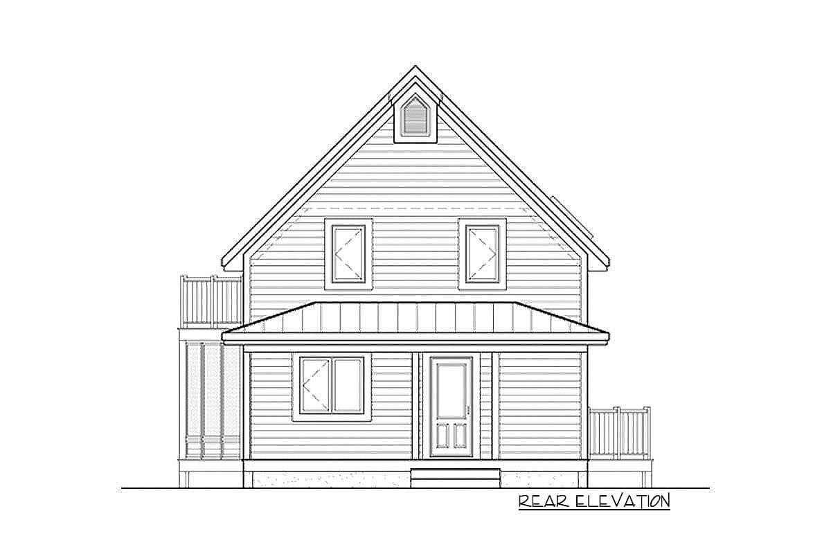 Rear elevation drawing of a two-story house plan with a gable roof, dormer, and a covered porch with railings.