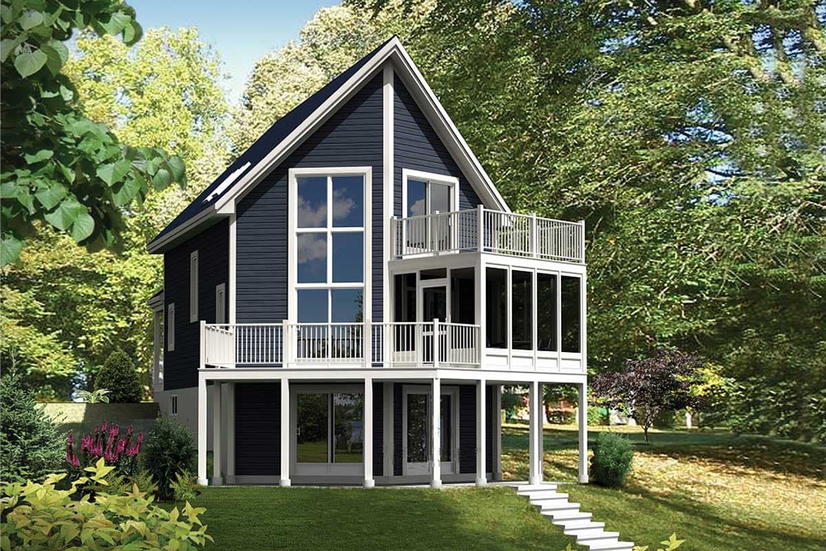 House plan exterior: Two-story home with a steeply pitched gable roof, multiple balconies, and a sunroom addition.