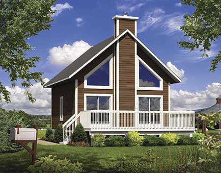 House plan exterior: Modern A-frame style, two stories, prominent gables with large triangular windows, wraparound deck, central chimney.