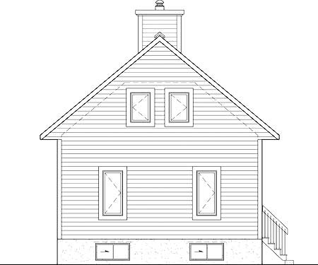 Front elevation drawing of a two-story house plan with a gable roof, two dormer windows, and a chimney.