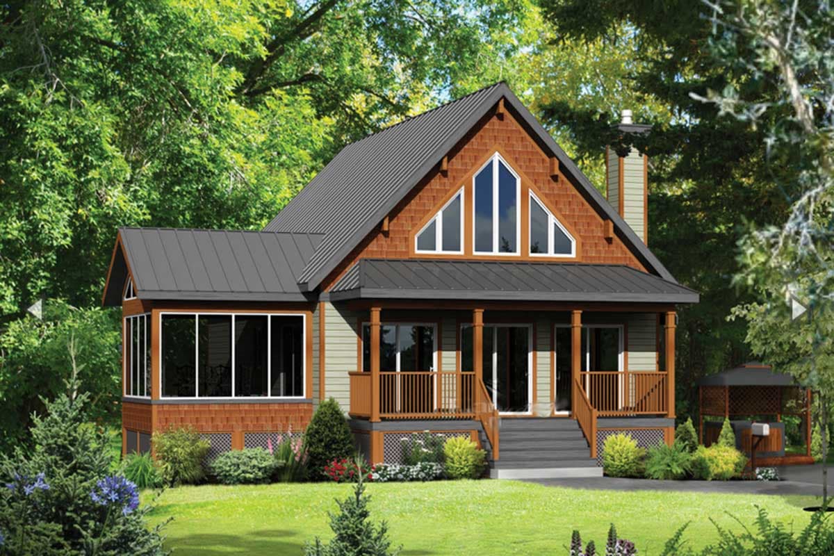 House plan exterior featuring a pitched roof, gable dormer with arched windows, and a covered porch with wood railings.