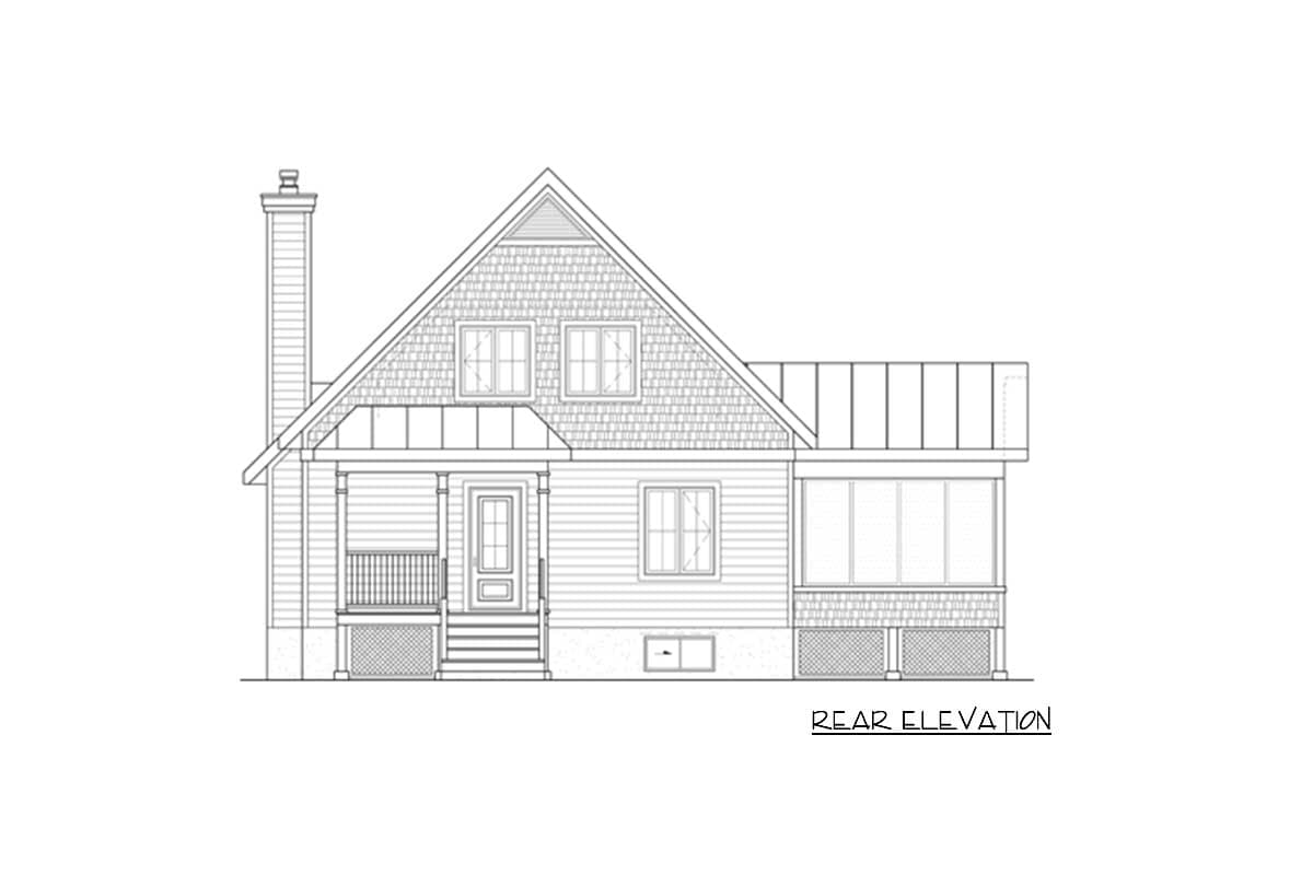 Rear elevation drawing of a house with a covered front porch, gabled roof with dormer windows, and a sunroom.