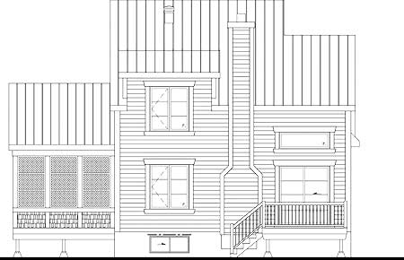 House plan exterior: two stories, metal roof, screened porch, gabled dormers, and chimney.
