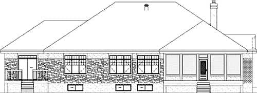 House plan rear elevation. One-story house with stone facade, large windows, covered porch with door, and pitched roof with chimney.