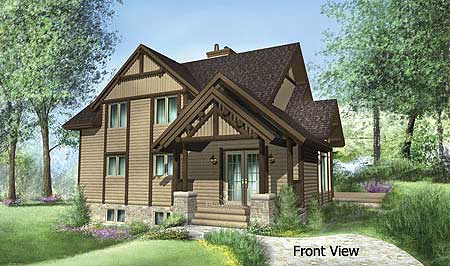 House plan exterior, two-story, featuring a prominent gable, stone foundation, and a covered entry with timber accents.