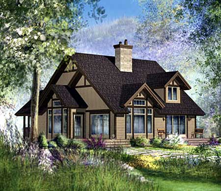 House plan exterior: Craftsman style, two stories, large stone chimney, prominent gables with exposed rafters, and a covered front porch.